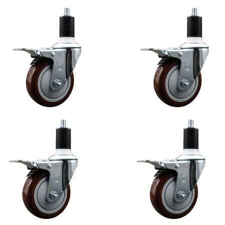 Service Caster 4'' SS Maroon Poly Swivel 1-1/2'' Expanding Stem Caster Set Total Lock Brake, 4PK SCC-SSEXTTL20S414-PPUB-MRN-112-4
